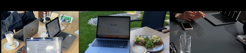 Mesas de trabajo con computadoras y reuniones